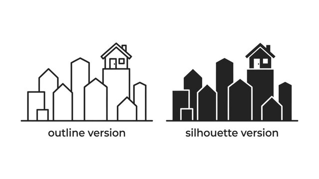 Cityscape Icons: Two graphic representations of a cityscape, one in outline and one in silhouette, showcase simplified building shapes with a house atop a tall structure.