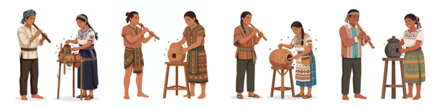 Indigenous people playing flute and making traditional clay pottery vector illustration set