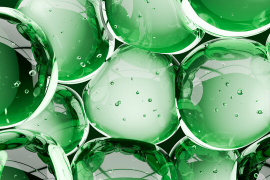 Green gel liquid bubbles floating and collide abstract. Cosmetic concept background. Close-up chemical liquid texture, skincare concept, fresh clean design, 3D template full frame fluid droplets.