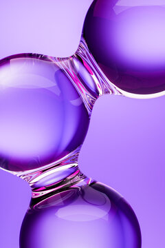 3D render glossy purple molecular structure with transparent glass spheres. Abstract cosmetic science background for skincare, collagen, hyaluronic acid, serum, biotechnology, luxury beauty branding.	