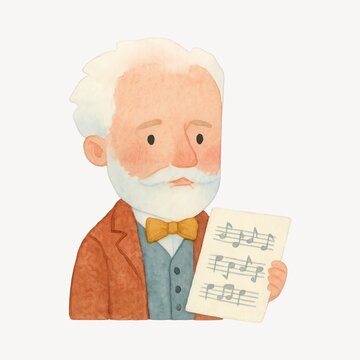 Illustrated composer holding sheet music.