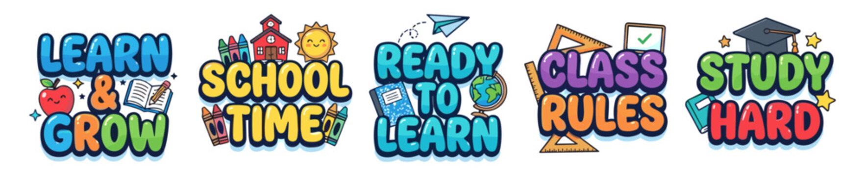 Colorful educational cartoon phrases with school and learning themes including apple, book, crayons, globe, ruler, and graduation cap on transparent background