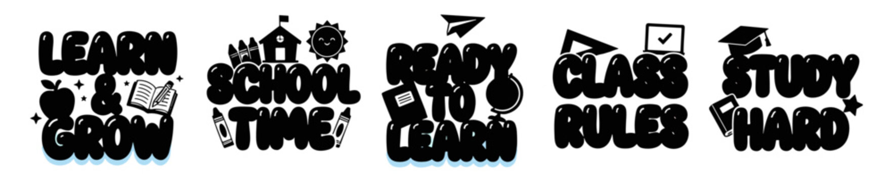 Motivational educational phrases with school-themed icons promoting learning and growth on transparent background