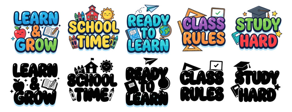 Colorful and black educational text sayings with school-related icons and symbols in cartoon style on transparent background