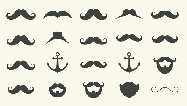 Diverse collection of retro mustache and beard styles with anchors arranged in a neat grid illustration.