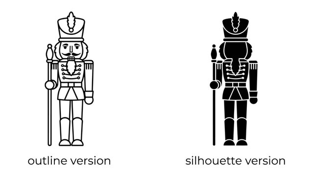 Nutcracker Illustration: A stylized illustration of a nutcracker soldier, presented in both outline and silhouette versions, highlighting its iconic uniform and scepter.