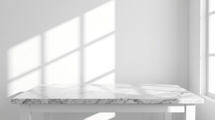 Fototapeta premium Clean white interior with marble table and window light shadows