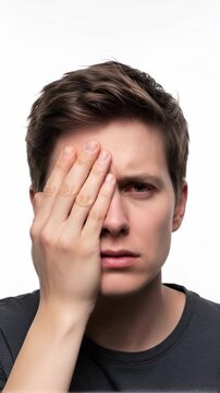Close-up portrait of a young Caucasian man covering one side of his face with his hand, showing an expression of pain and discomfort from a severe headache or eye strain