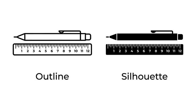 Pen and Ruler Icons: Two stylized icons, one an outline and the other a silhouette, depict a pen and a ruler, representing measurement and precision.
