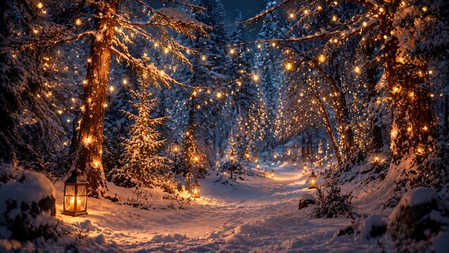 A magical snowy forest path illuminated by warm string lights and lanterns, creating a festive winter wonderland scene.