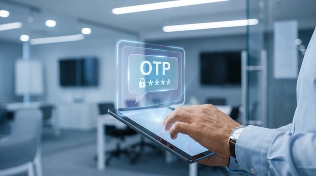 Business professional authenticating digital account access using one time password verification technology interface with businessman interacting holographic