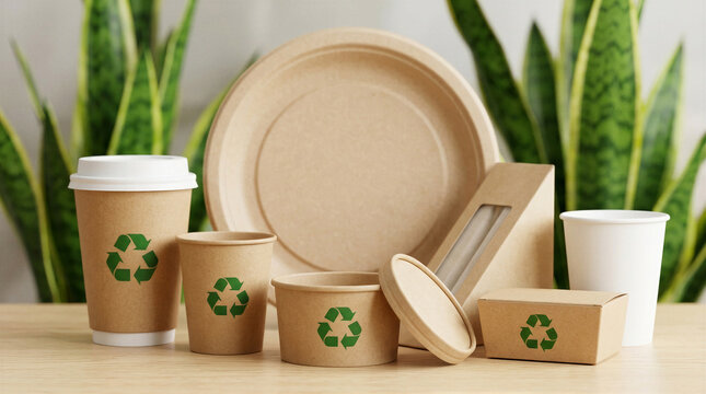 Eco Friendly Kraft Paper Takeaway Food Packaging and Coffee Cups with Recycling Symbols Displayed Among Green Houseplants