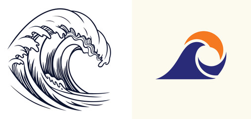 Obraz premium Ocean wave in graphic style with blue and orange colors in flat design for travel branding