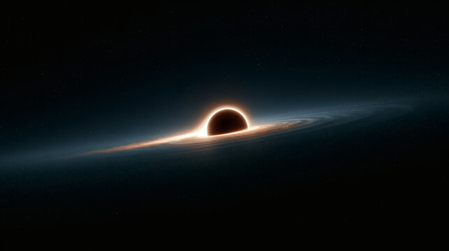 A massive black hole sits in the deep dark void of space surrounded by a bright glowing ring of gas and light particles rotating in the galaxy