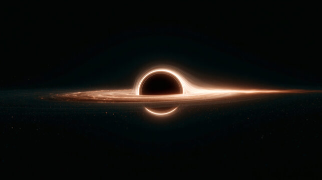 A massive black hole sits in the deep dark space with a glowing ring of light spinning around the center of the gravity field in the universe