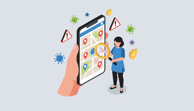 Woman analyzing a digital map on a large smartphone screen with a magnifying glass surrounded by virus and warning icons for contact tracing.