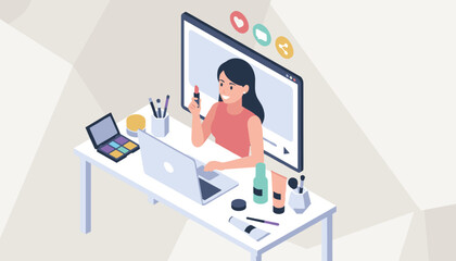 Fototapeta premium Vlogger sitting at a desk and creating content on her laptop with beauty products and recording equipment in a stylish home studio.