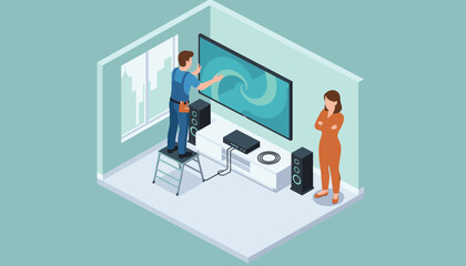 Fototapeta premium Technician standing on a ladder installing a large television screen in a modern home living room with a woman observing him.