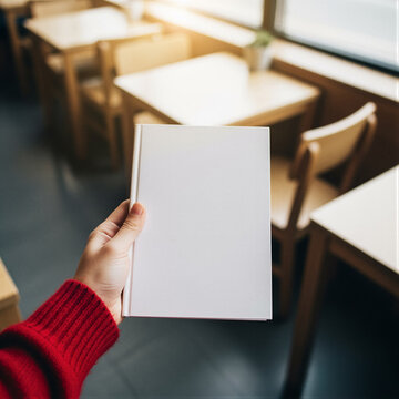 Hand Holding Blank White Paperback Book Mockup on Modern Coffee Shop