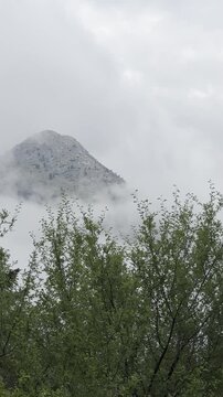 Vertical View from a Cave Looking at Foggy Mountains and Zen Stones in the Rain