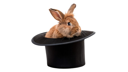 Cute fluffy rabbit sitting inside black magician hat isolated on transparent background © Hanna