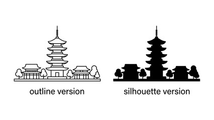 Pagoda Architecture: Two minimalist depictions of a traditional East Asian pagoda, one as a clean outline and the other as a striking silhouette. © Md