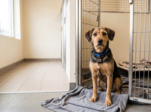 A cute dog sitting on a blanket inside a clean animal shelter kennel waiting for adoption