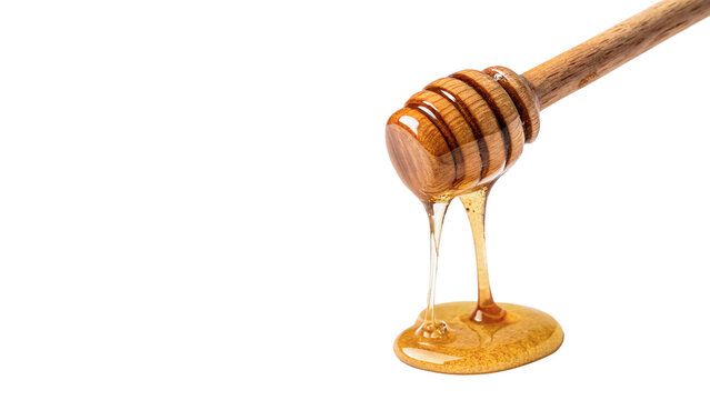 Wooden honey dipper with sweet dripping honey isolated on transparent background