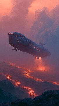 A large futuristic spacecraft flies above a volcanic landscape with flowing lava and thick smoke under a glowing orange sky during a dramatic sunset
