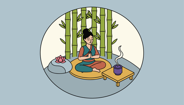 Woman meditating in a peaceful zen room with bamboo plants, a lotus flower, and burning incense for relaxation and wellness.