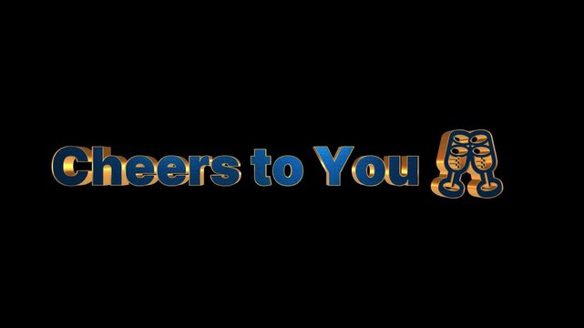 Golden cheers to you text animation with sparkling particles against a deep black background with accompanied clinking glass