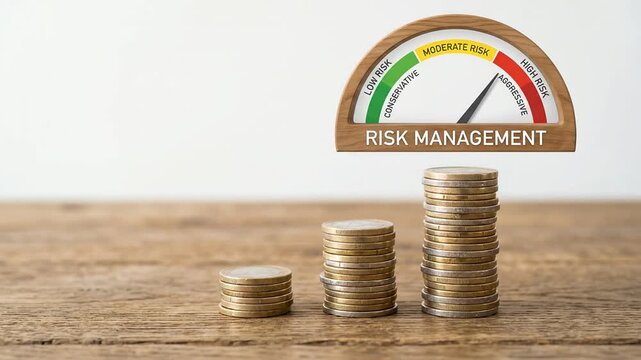 Risk management meter pointing to moderate risk above stacked coins on a desk.
