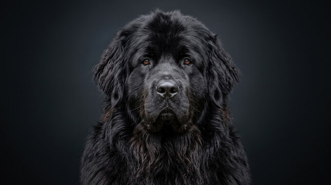 Majestic portrait of a black Newfoundland dog with soft fur and soulful eyes on dark background