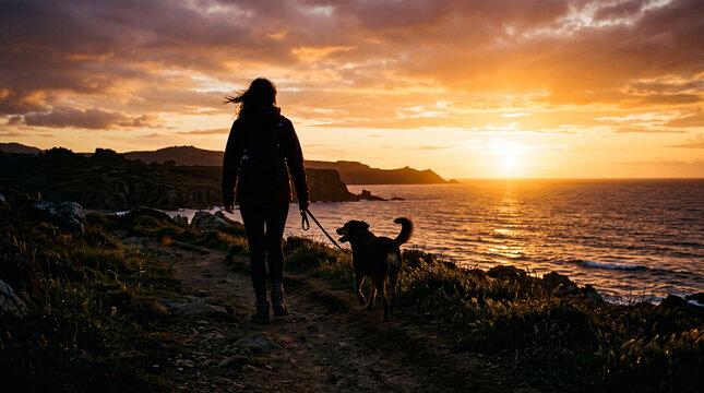 Silhouette of a person walking their dog on a coastal path during a beautiful golden sunset time