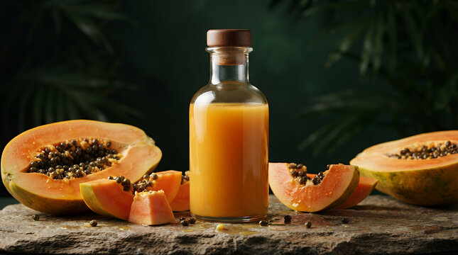 Papaya juice bottle with fresh sliced papaya on a stone surface, tropical vibes