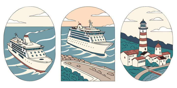 Colorful illustrated cruise ships in tropical settings with lighthouse and palm trees tropical island