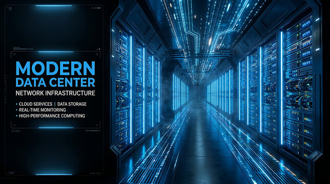 Modern Data Center Server Room Corridor - High Tech Cloud Computing Infrastructure Background