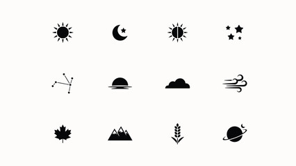 Obraz premium Minimalist black and white celestial and nature symbols set for design projects with high contrast collection twelve distinct icons representing celestial bodies