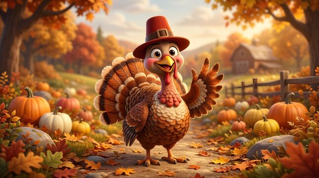 A cute cartoon turkey wearing a pilgrim hat in a pumpkin patch celebrating happy halloween and thanksgiving autumn season