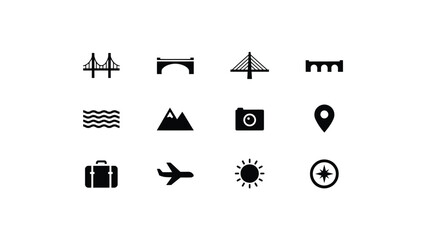 Modern minimalist travel and adventure icon set for digital projects with high contrast set twelve minimalist icons representing travel exploration themes neutral background © Suranjana