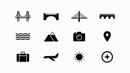 Minimalist travel with high contrast black white collection twelve minimalist icons representing travel adventure themes clean lines modern design © Suranjana