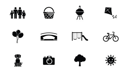 Minimalist black icons set with outdoor themes neutral white background representing leisure family modern collection twelve displays clean modern © Suranjana