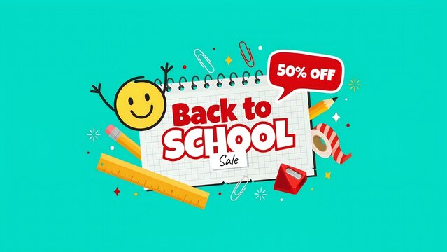 Back to school promotional banner with stationery elements on a teal background education supplies stationary