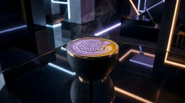 Latte Art Coffee with Purple and Orange Swirl Design on Black Saucer
