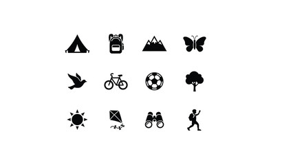 Fototapeta premium Minimalist black icons set featuring outdoor adventure and nature elements on light background with elements against neutral grid twelve minimalist