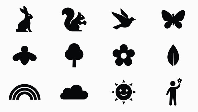 Playful black with minimalist grid nine black silhouette icons depicting rabbit person reaching upward flower showcases clean minimalist squirrel bird butterfly