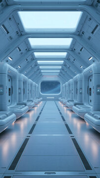 The interior of a modern futuristic spaceship corridor with white walls and soft lighting looking out into deep space from a large window at the end