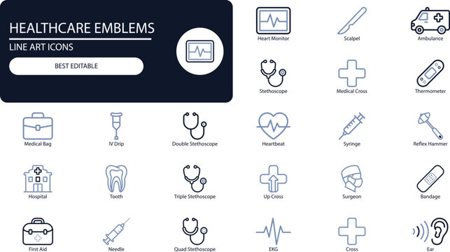 Medical symbols icon set. Bold glyph collection of stethoscope, syringe, hospital and heartbeat for healthcare design