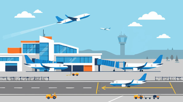 Flat design illustration of a busy airport with airplanes, terminal, and control tower