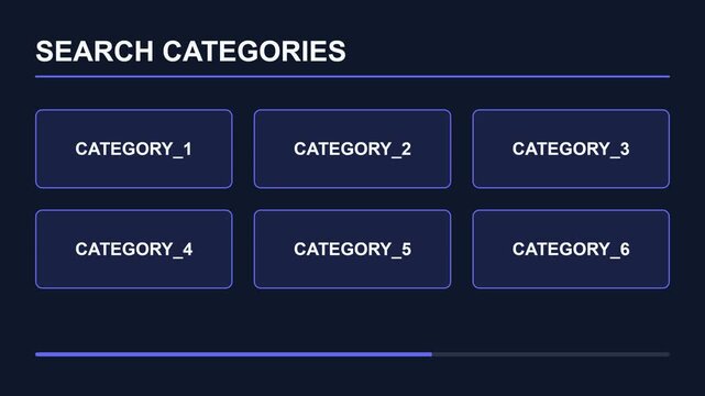 Dark background with search categories, static image, symbolizing technology and information, for background or intro